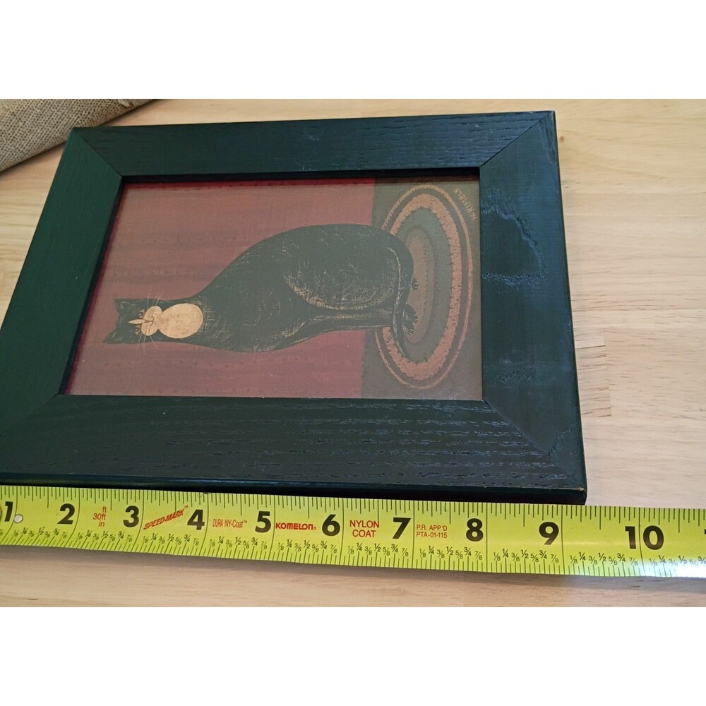 Vintage Warren Kimble Black Cat on Rug Print Folk Art Black Frame 9.5 x 7.5" - Picture 4 of 5